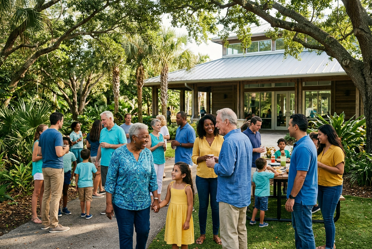 Neighbors gathering together in a sunny community space